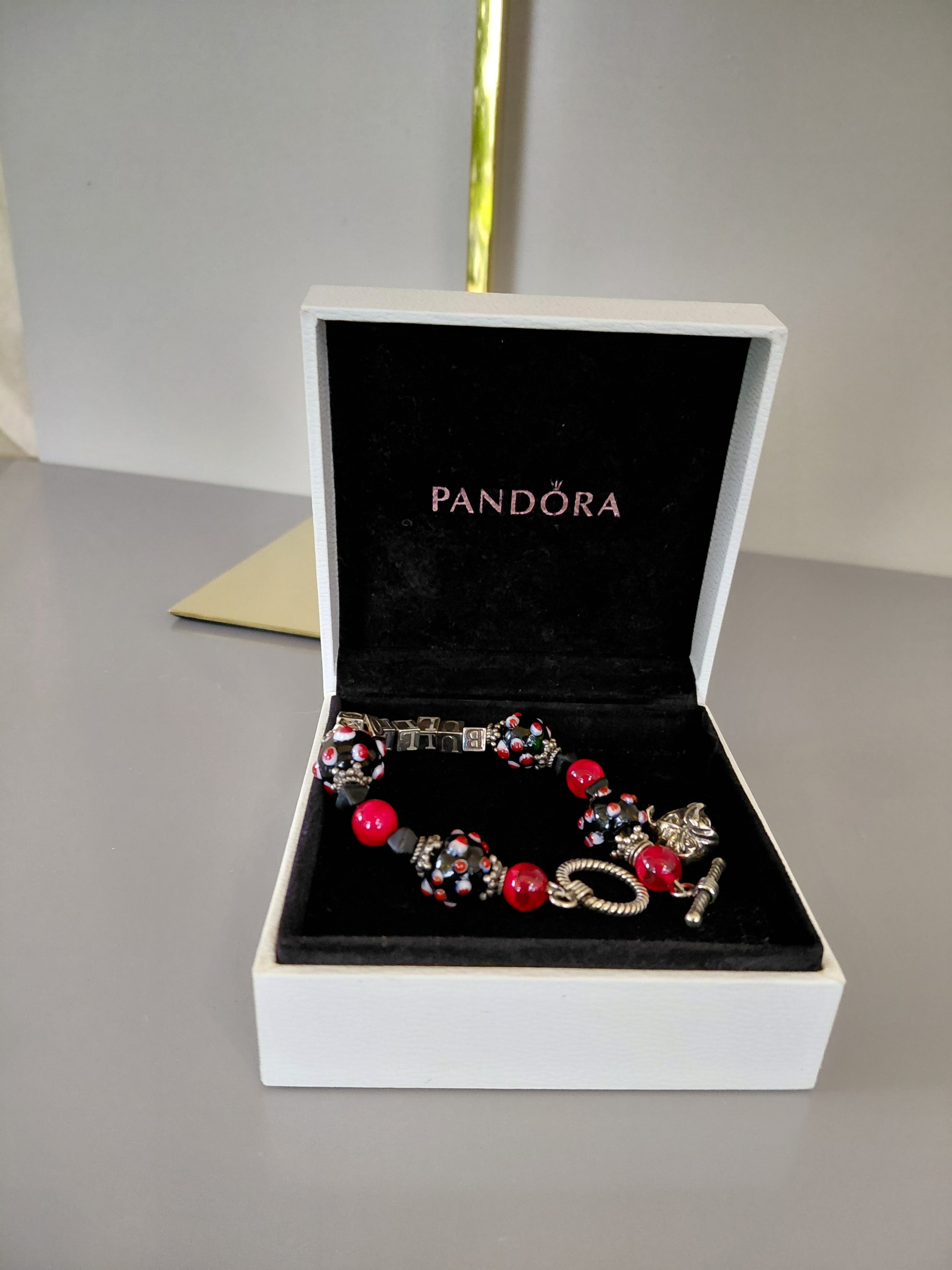 Pandora Red And Black Floral Bead Bracelet With Silver Accents